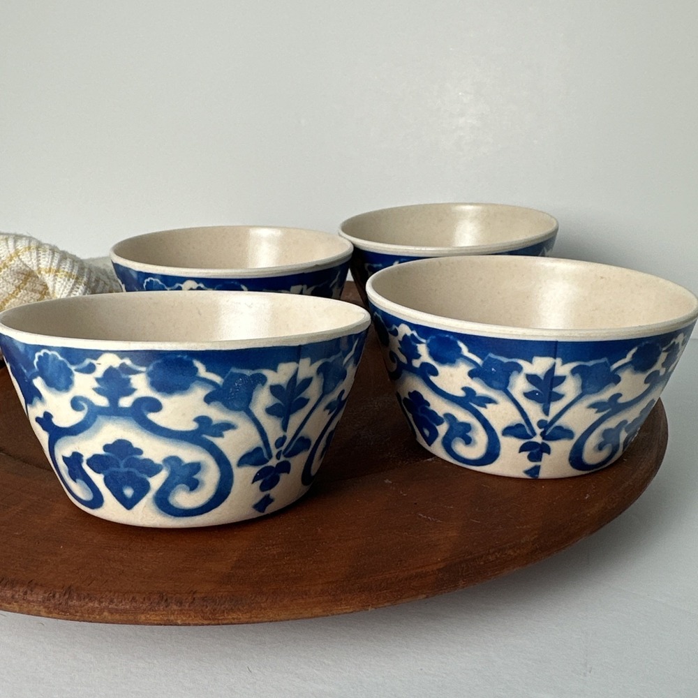 4 Blue & White Patina Vie "Lisbon" Bamboo Tidbit Bowls, Anthro‑vibe Cottage‑Boho - Picture 9 of 9